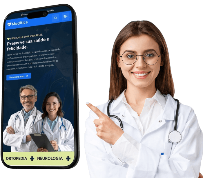 Exemplo de site de clínica em um smartphone, com médica sorrindo ao lado