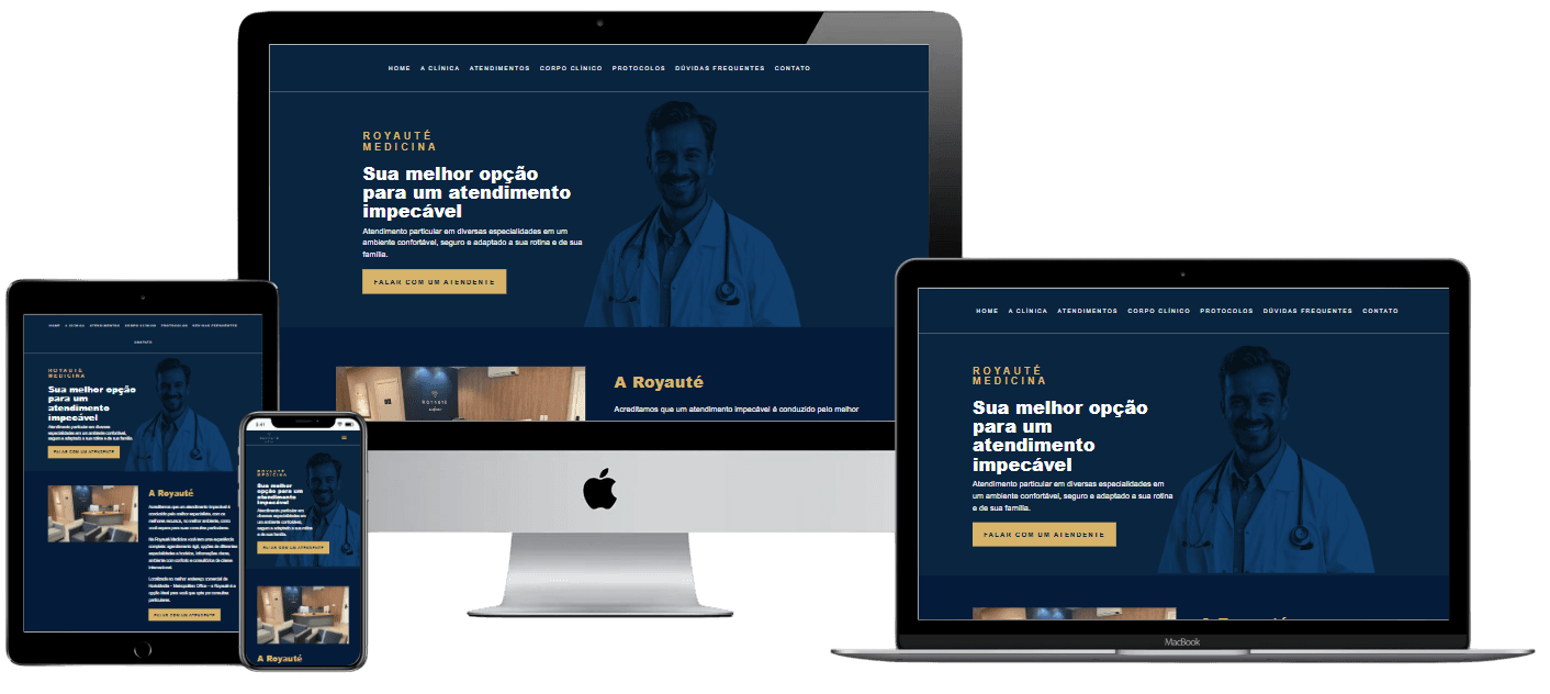 Site da Royauté Medicina exibido em laptop, tablet e smartphones